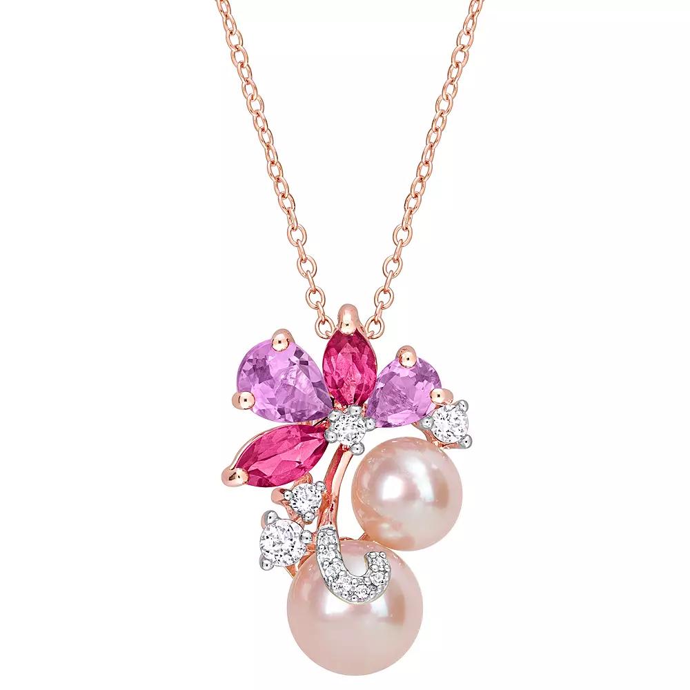 Stella Grace 18k Rose Gold Over Silver Multi-Gemstone & Pink Freshwater Cultured Pearl Cluster Pendant Necklace, Women's, Size: 18", Pink Tone Product Image