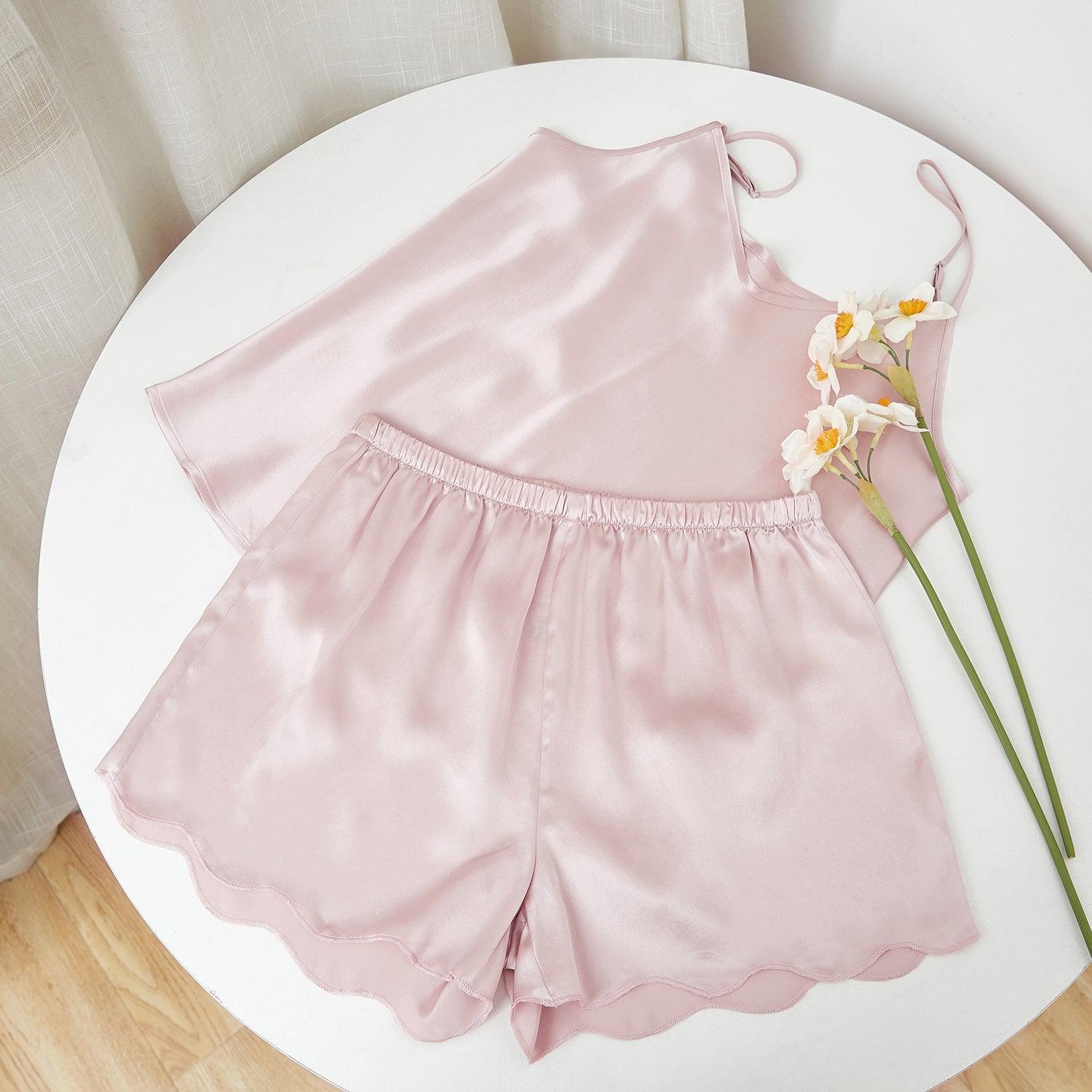 Dusty Rose Pure Silk Scallop Edged Shorts | 19 Momme Silk Charmeuse Product Image