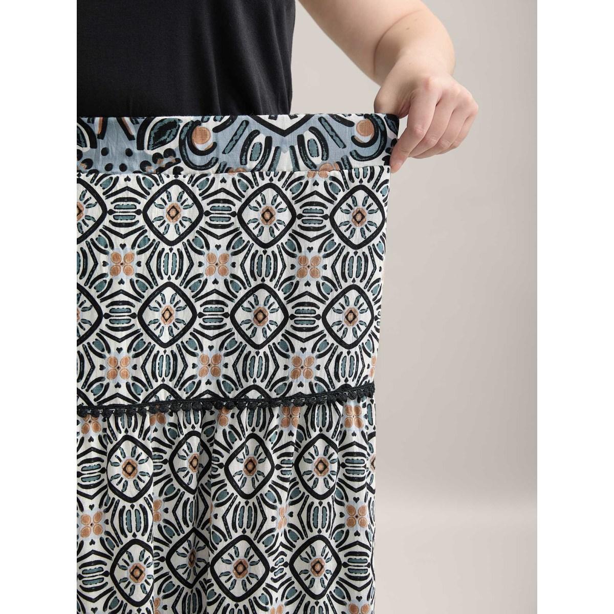 Plus Size Boho Print Spliced Tiered Maxi Skirt Women BlackFlower Resort Patchwork Loose No stretch Side seam pocket Vacation Skirts BloomChic 28/5X Product Image