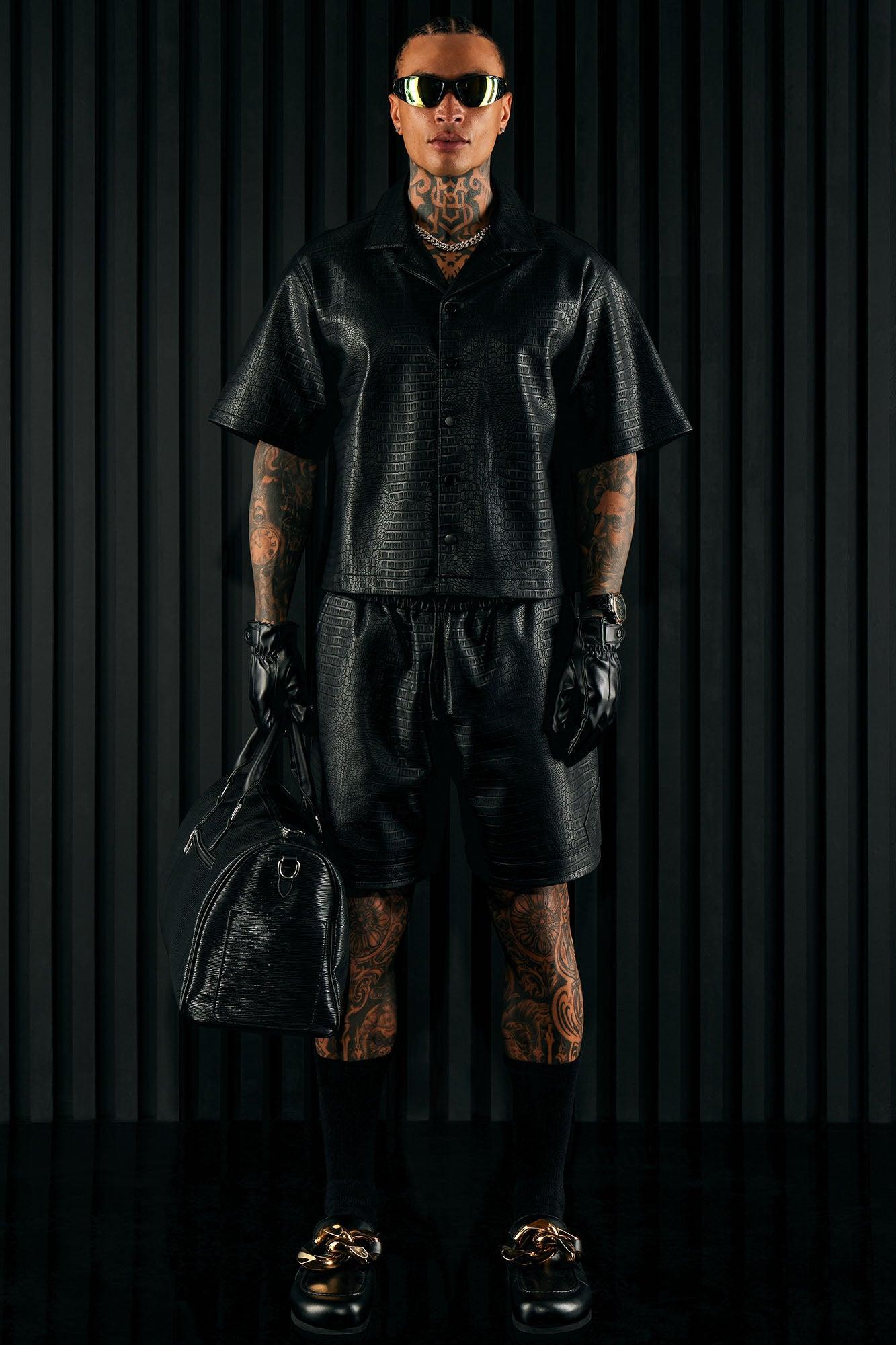 Gotta Run Faux Croc Leather Cropped Button Up Shirt - Black Product Image