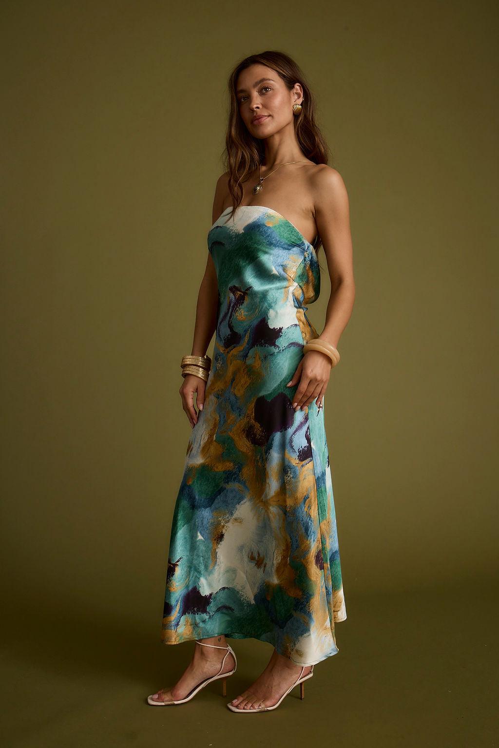Natalia Blue and Gold Watercolor Strapless Maxi Dress Product Image