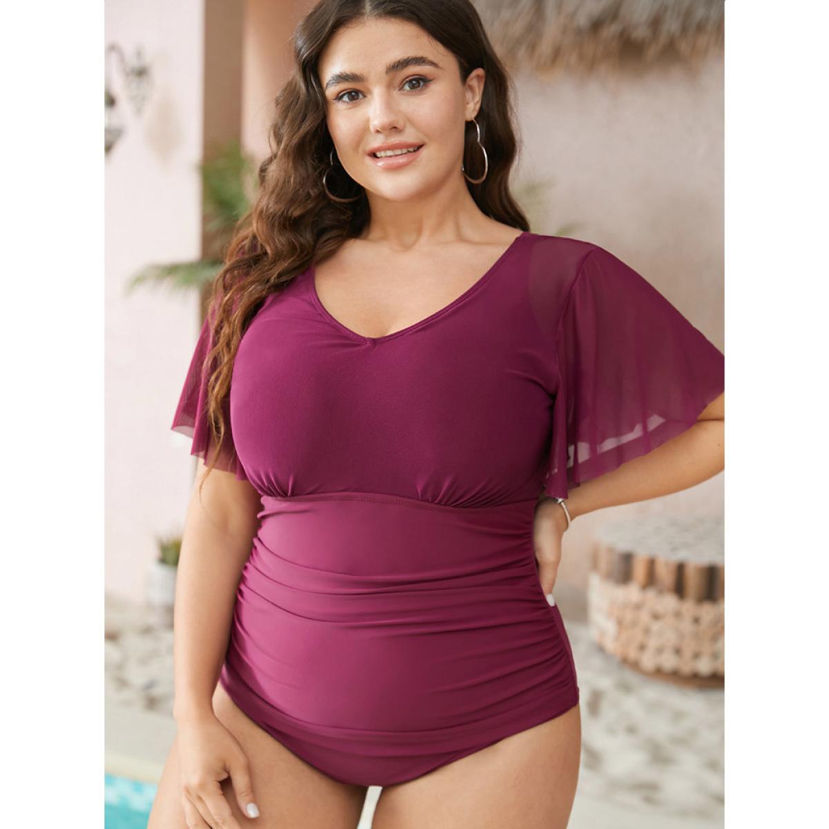 Plus Size Knotted Back Ruched Mesh Ruffle Sleeve One Piece Swimsuit Women's Swimwear RedViolet Vacation Adjustable Straps Curve Bathing Suits High stretch One Pieces BloomChic 14-16/1X Product Image