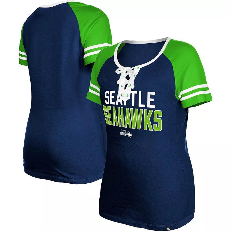 Women's New Era College Navy Seattle Seahawks Raglan Lace-Up T-Shirt, Size: Large, Blue Product Image