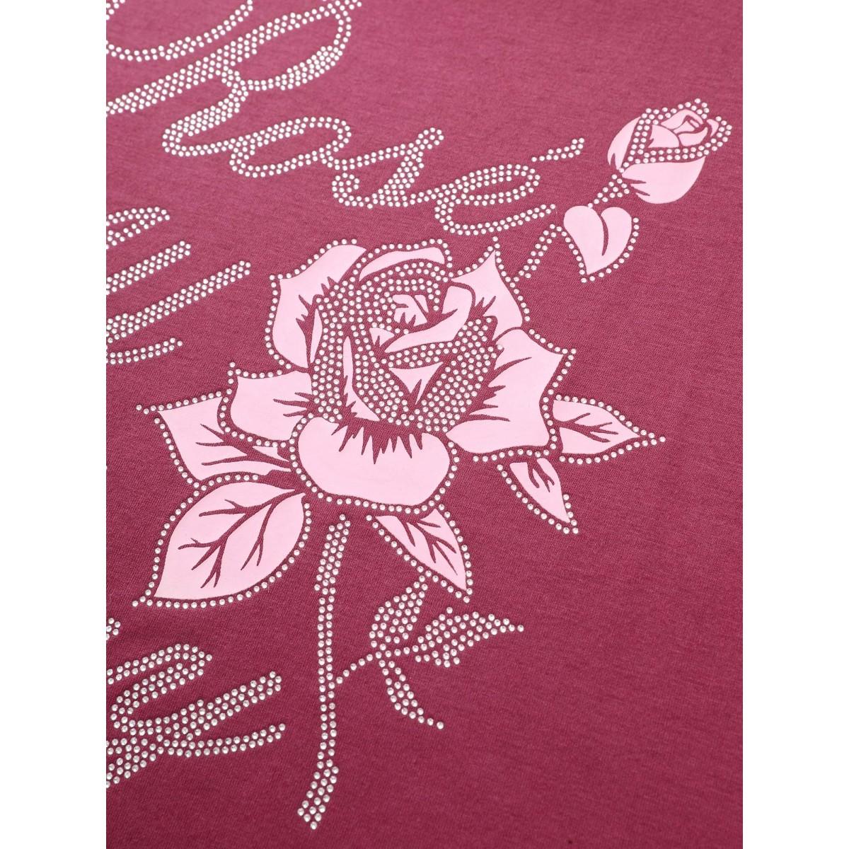 Plus Size Natural Flowers Rhinestone Round Neck T-shirt RedViolet Women Elegant Natural Flowers Everyday T-shirts BloomChic 10/M Product Image