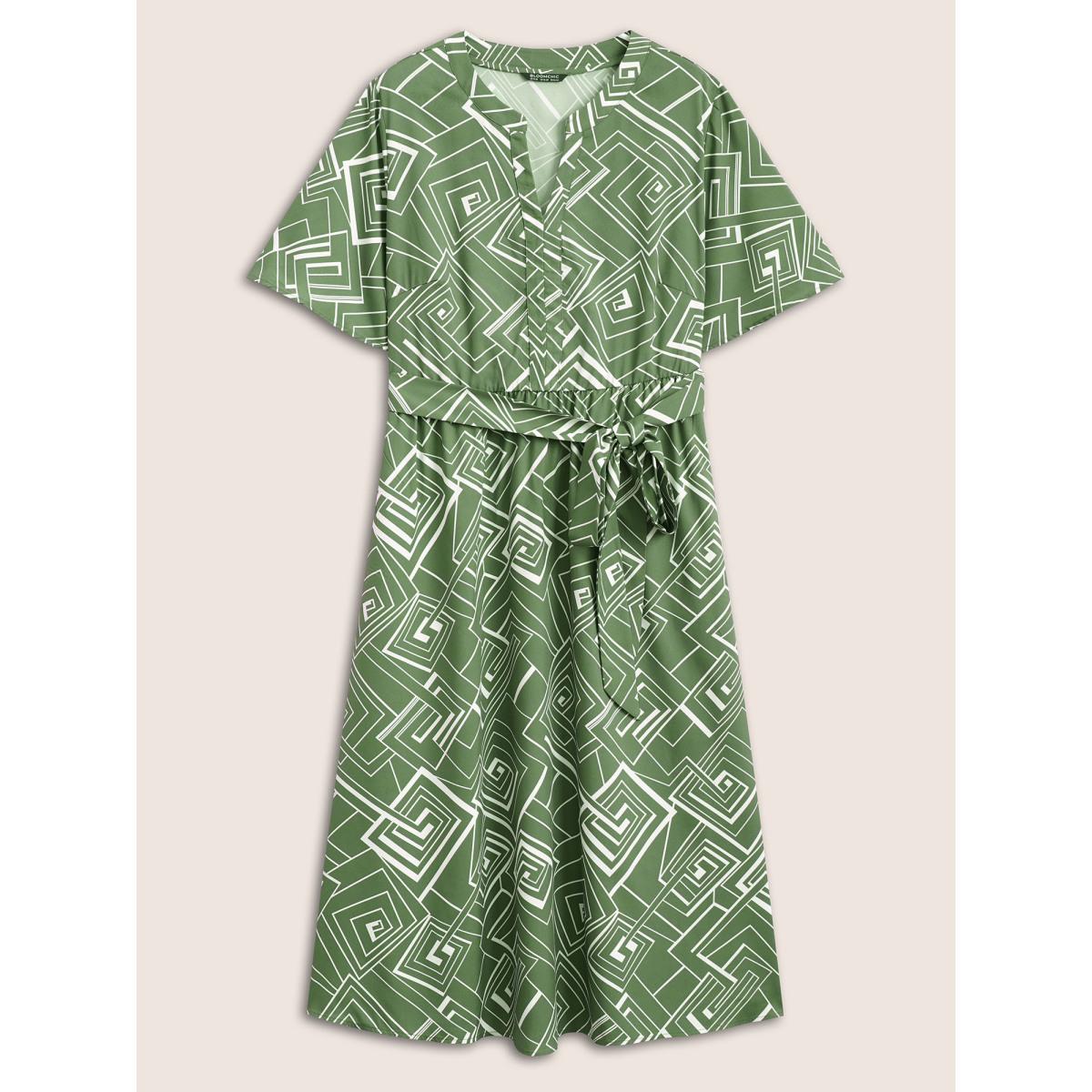 Plus Size Geometric Flat Collar With V Notch Ruffle Sleeve Belted Dress Mint Women At the Office Belted Flat collar with V-notch Short sleeve Curvy Midi Dress BloomChic 14-16/1X Product Image