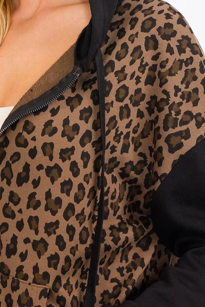 Zip Up Front Pockets Animal Print Hooded Jacket Product Image
