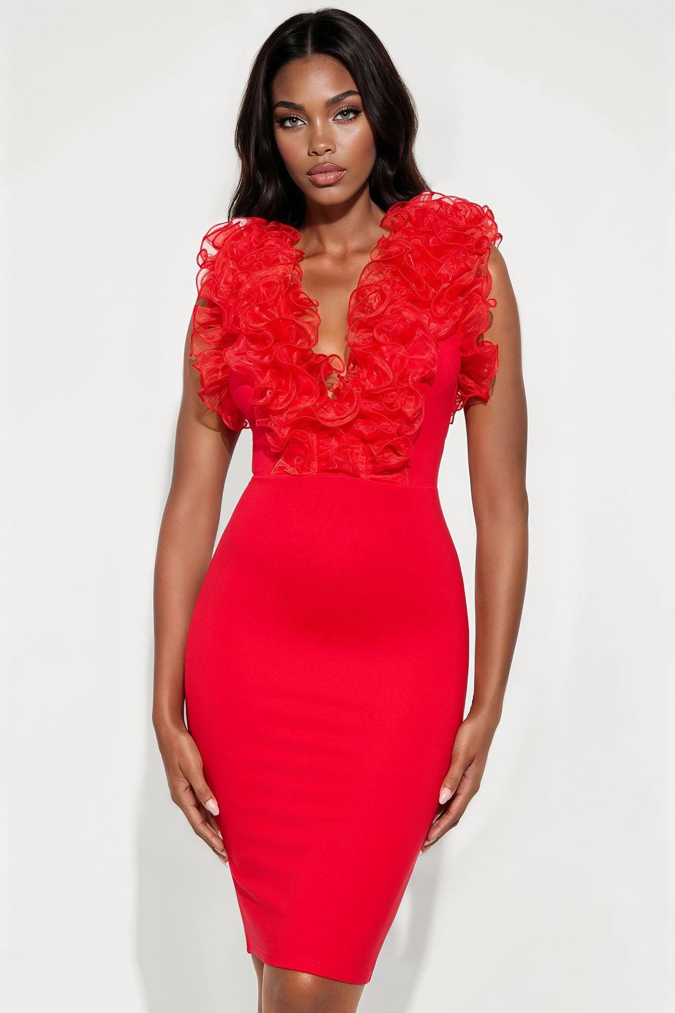 Angelica Ruffle Midi Dress - Red Female Product Image