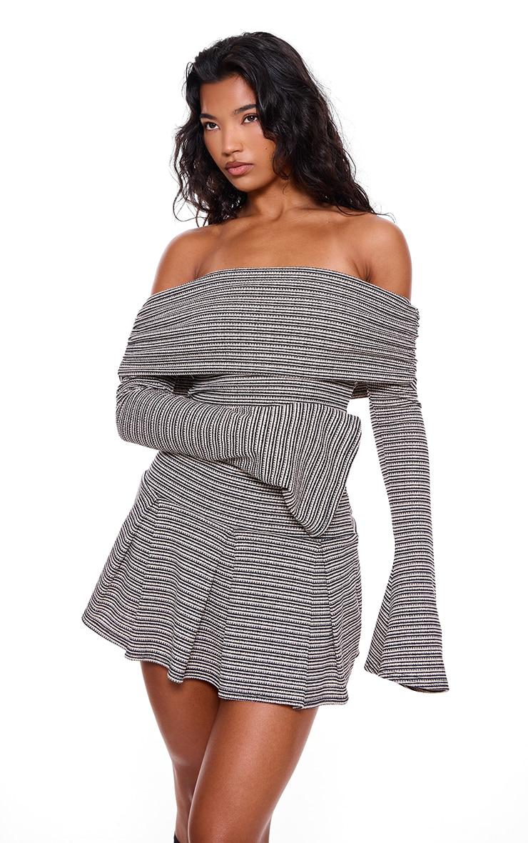 Monochrome Textured Bardot Flared Sleeve Shift Dress Product Image