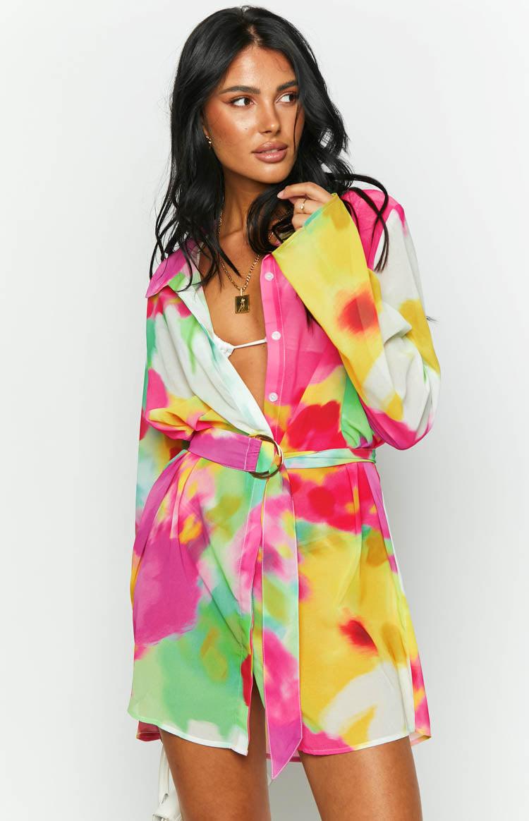 Moscow Floral Print Long Sleeve Button Up Mini Shirt Dress Product Image