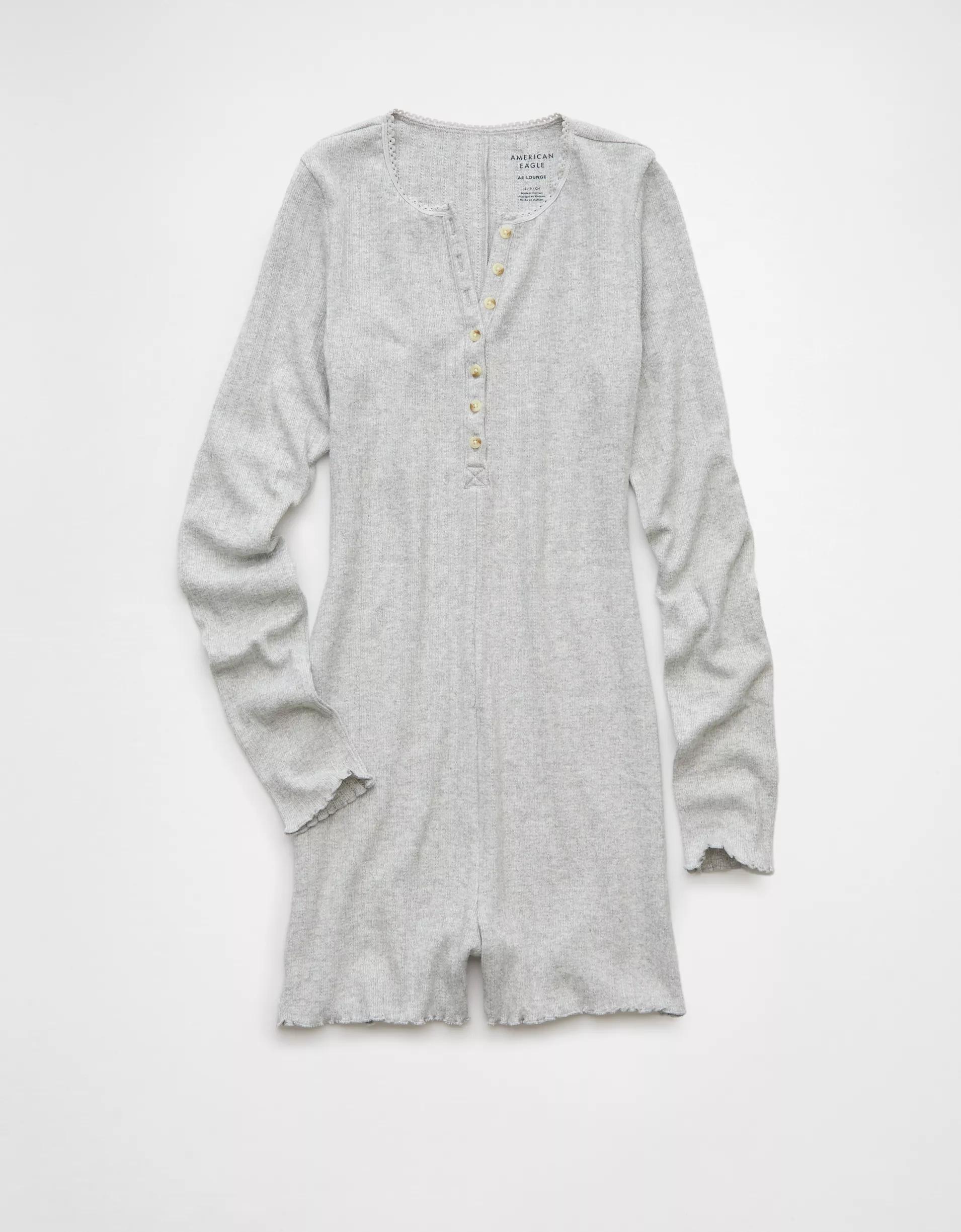 AE Long-Sleeve Henley Lounge Romper Product Image