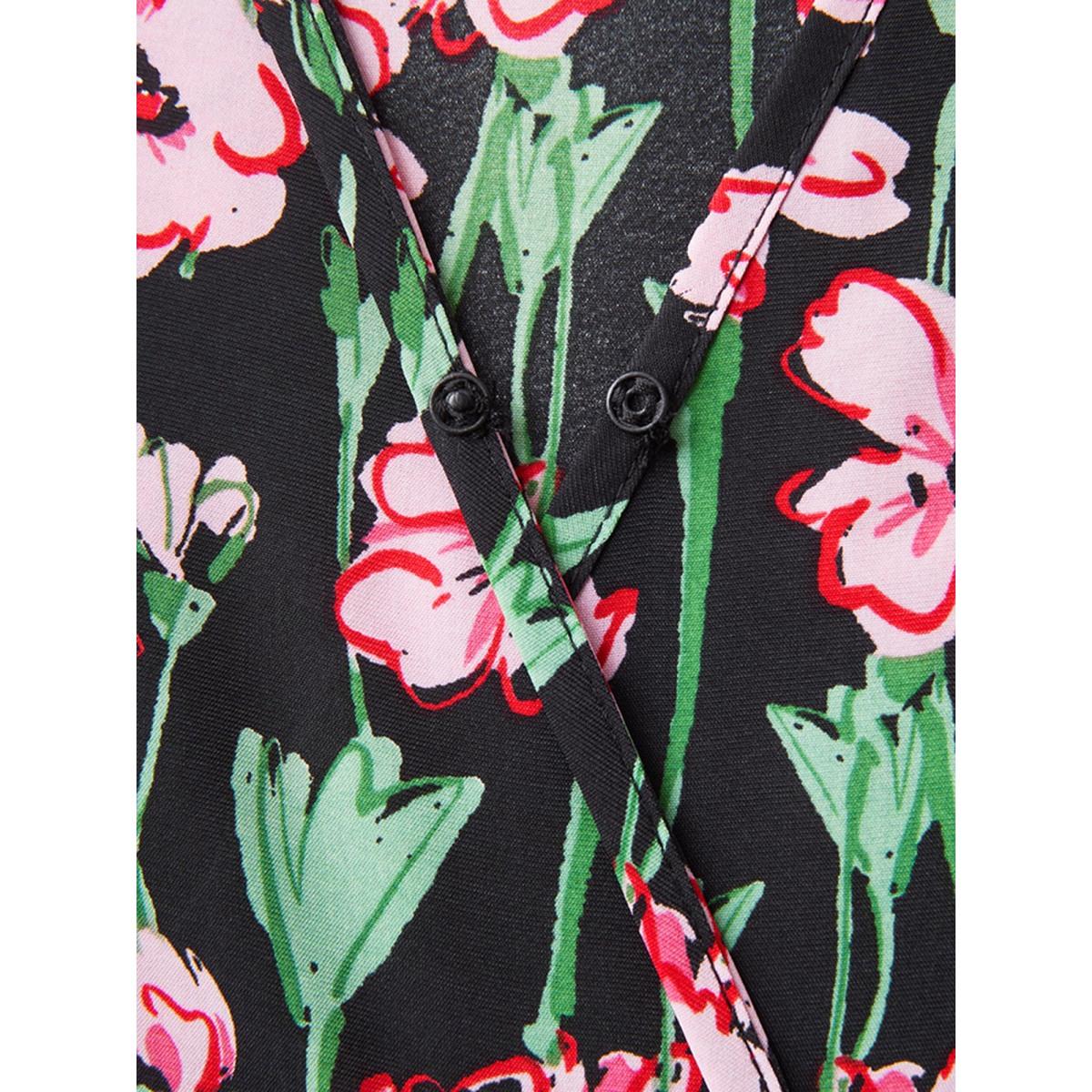 Plus Size Floral Print Shirred Pleated Midi Dress BlackFlower Women Overlap Collar Cap Sleeve Curvy BloomChic 28/5X Product Image