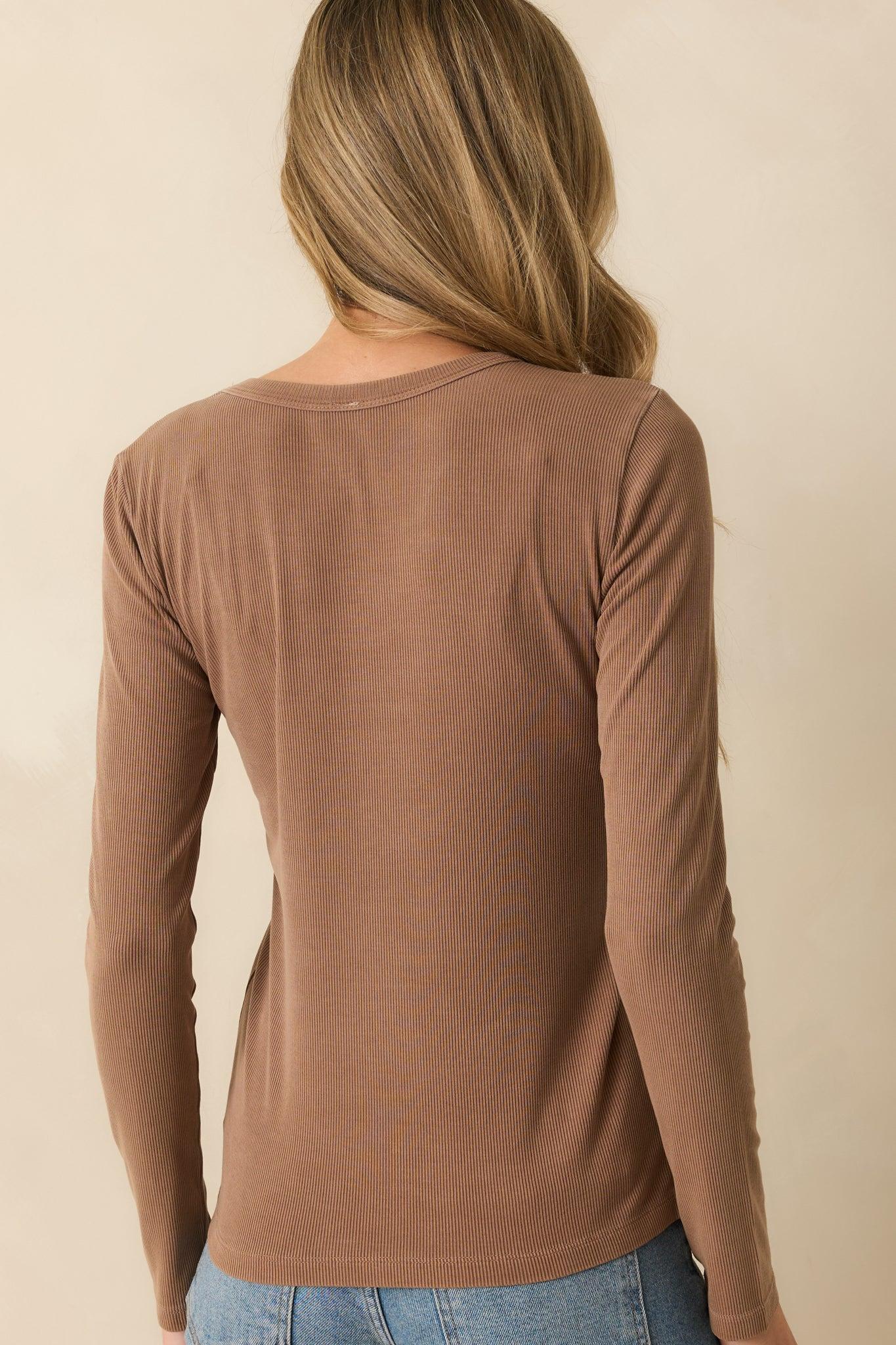 There When You Need It Mocha Brown Ribbed Long Sleeve Tee L / Mocha Product Image