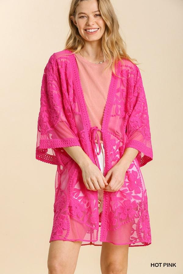 1136   ReeAnn Floral Lace Kimono w/ Waist Tie - Reg & Plus Product Image