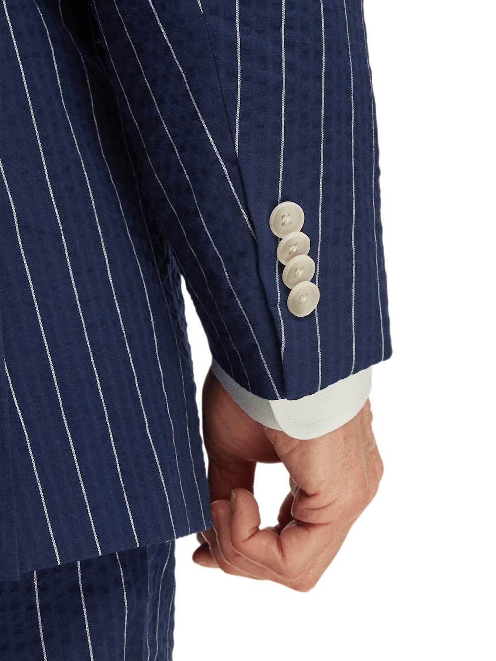Cotton Stretch Pinstripe Seersucker Double Breasted Peak Lapel Suit Jacket - Navy Product Image