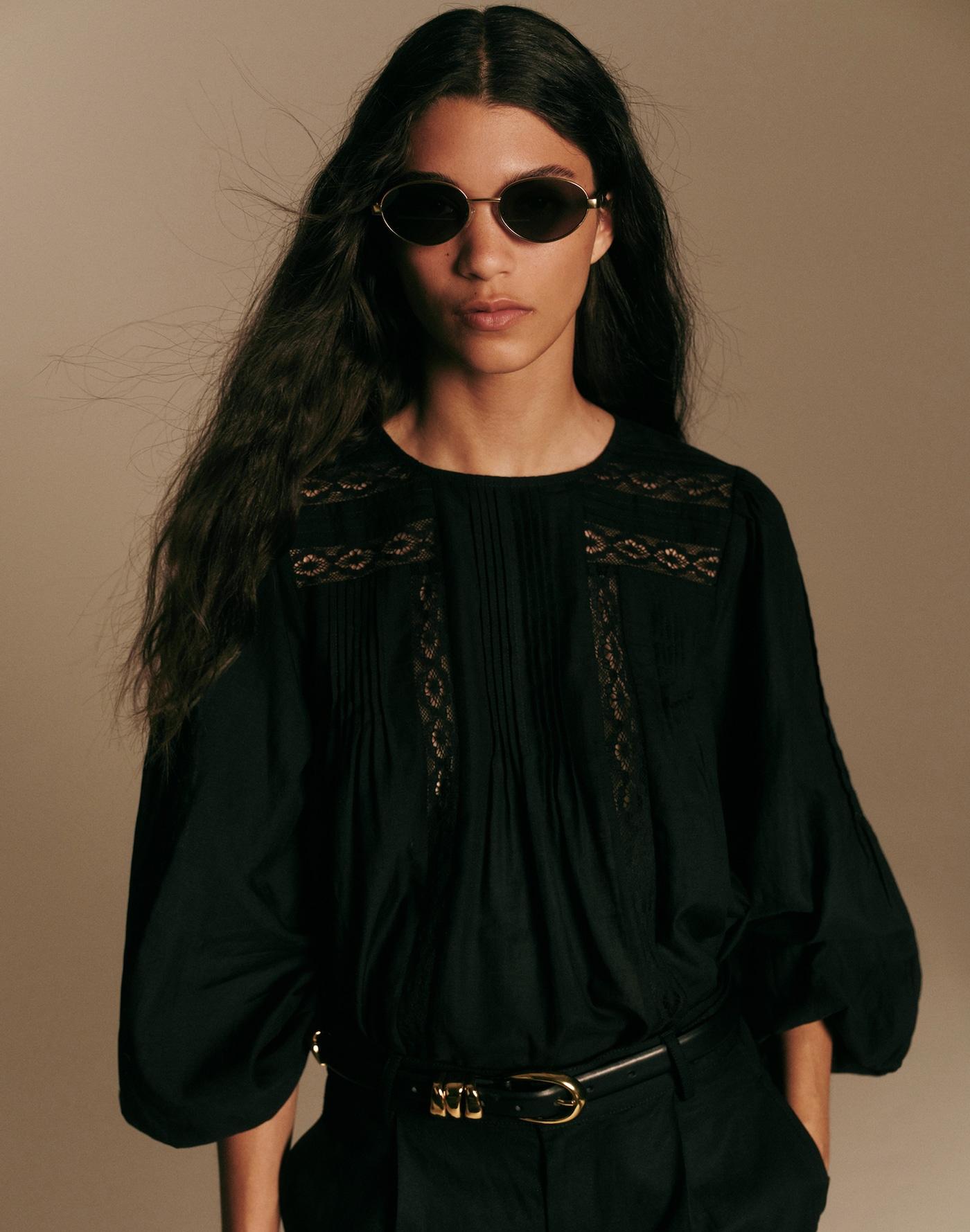 Lace-Insert Pintucked Long-Sleeve Top Product Image