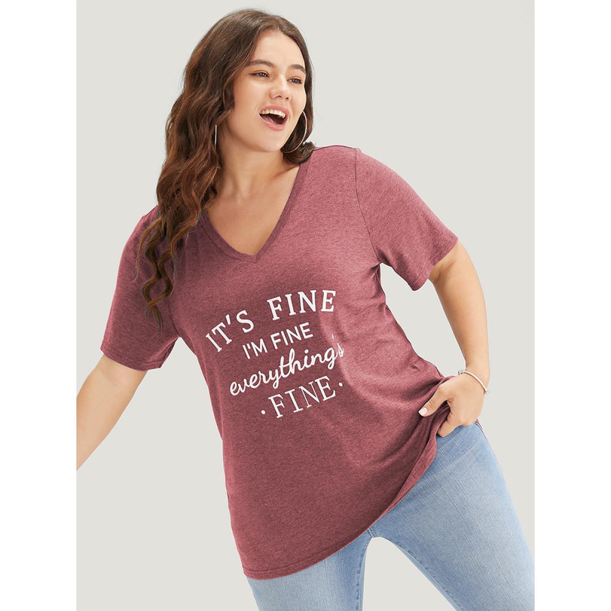 Plus Size Letter Print V Neck T-shirt Russet Women Casual Positive slogan Dailywear T-shirts BloomChic 14-16/1X Product Image