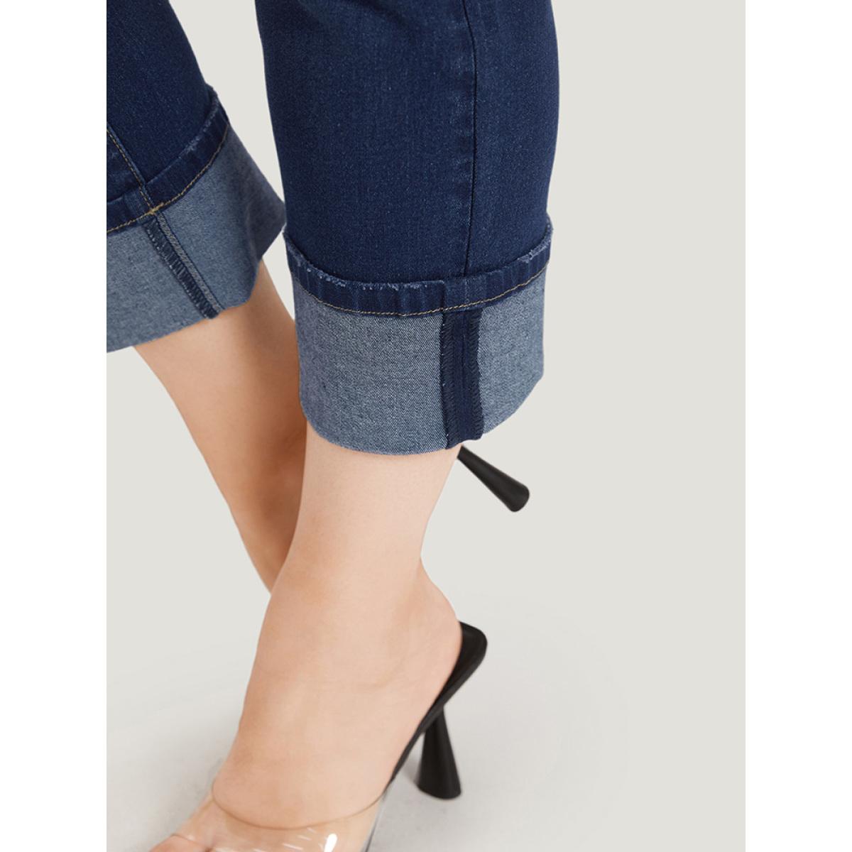 Plus Size Roll Hem High Rise Pocket Very Stretchy Jeans Women DarkBlue Casual Plain Plain High stretch Pocket Jeans BloomChic 30/6X Product Image