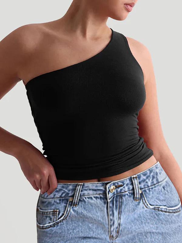 Skinny Sleeveless Solid Color One-Shoulder Vest Top Product Image