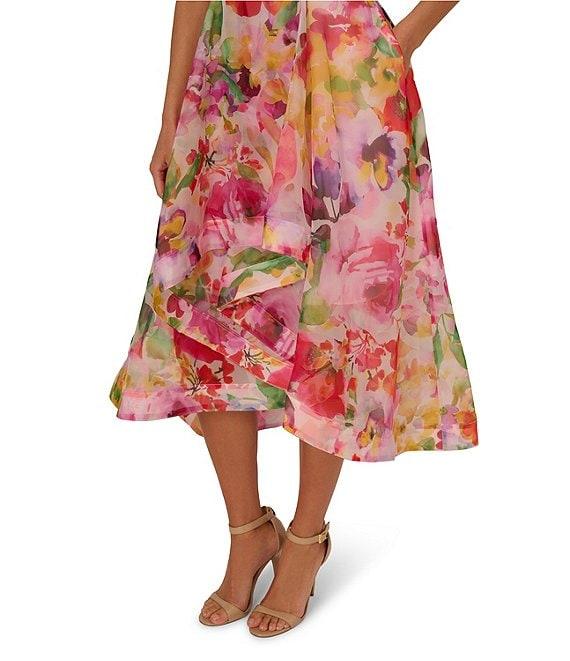 Adrianna Papell Organza Floral Print V Neck Sleeveless Ruffle A-Line Midi Dress Product Image