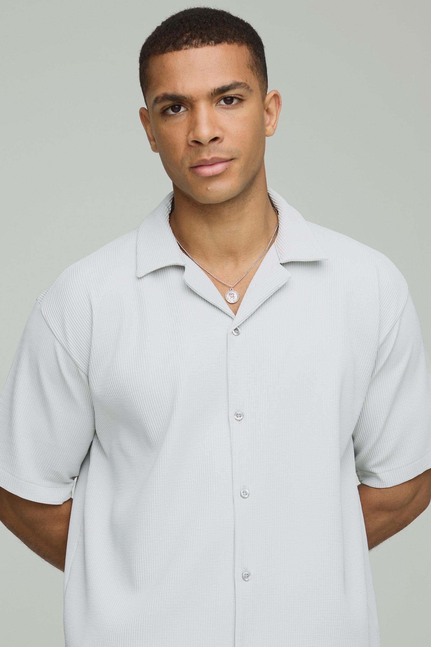 Oversized Short Sleeve Pleated Shirt And Short Set | boohooMAN USA Product Image