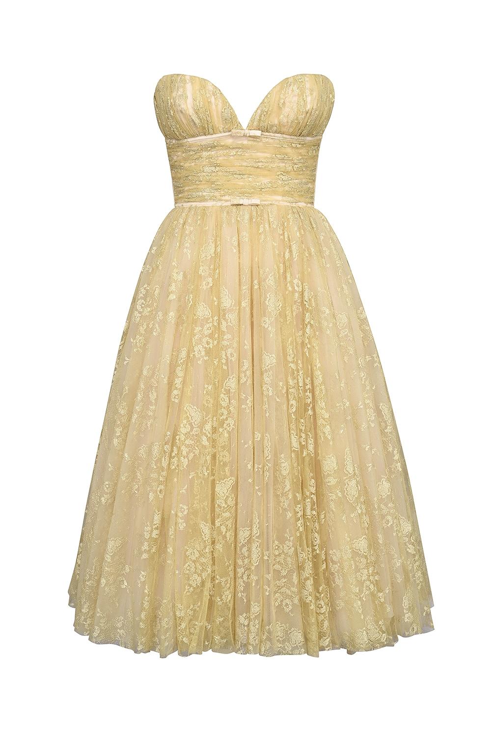 Madame  gold metallic lace tulle midi gown Product Image