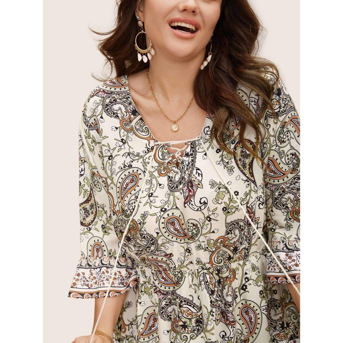 Plus Size Multicolor Boho Print Tie Knot Tassels Crisscross Blouse Women Boho Elbow-length sleeve V-neck Vacation Blouses BloomChic 30/6X Product Image