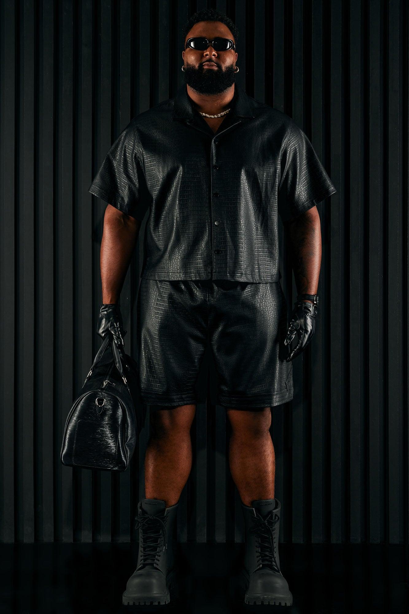 Gotta Run Faux Croc Leather Cropped Button Up Shirt - Black Product Image