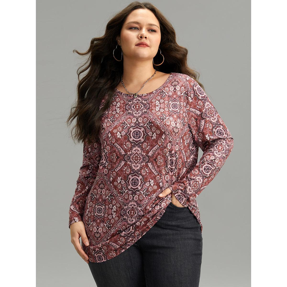 Plus Size Bandana Print Round Neck T-shirt Multicolor Women Casual Printed Bohemian Print Round Neck Dailywear T-shirts BloomChic 18-20/2X Product Image