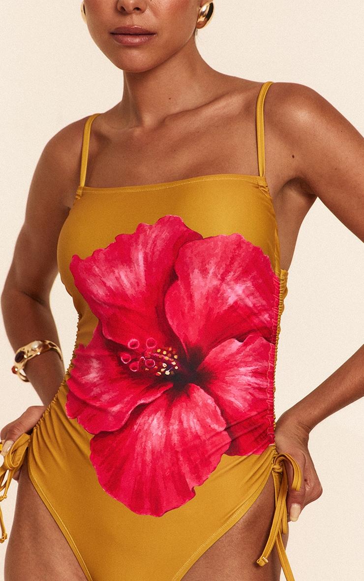 Mustard Hibiscus Print Strappy Swimsuit Product Image