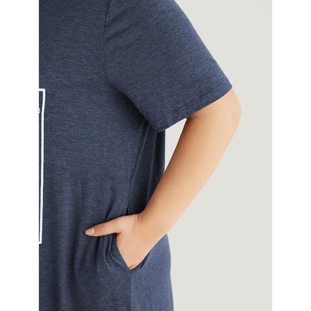 Plus Size Supersoft Essentials Floral Print Pocket Round Neck Dress Indigo Women Casual Plain Curvy Midi Dress BloomChic 22-24/3X Product Image