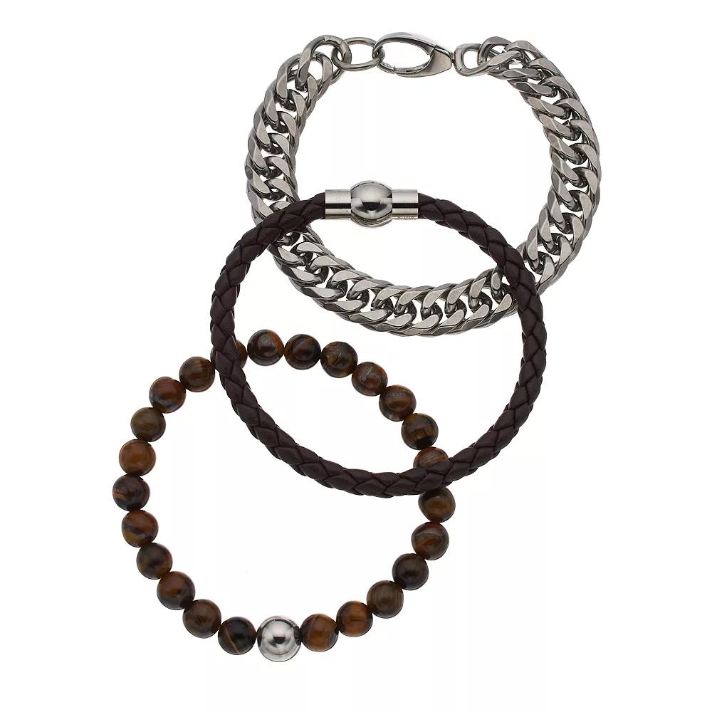 Men's Stainless Steel Lab-Created Tiger's-Eye Beaded, Leather & Curb Chain Bracelet Set,  Product Image