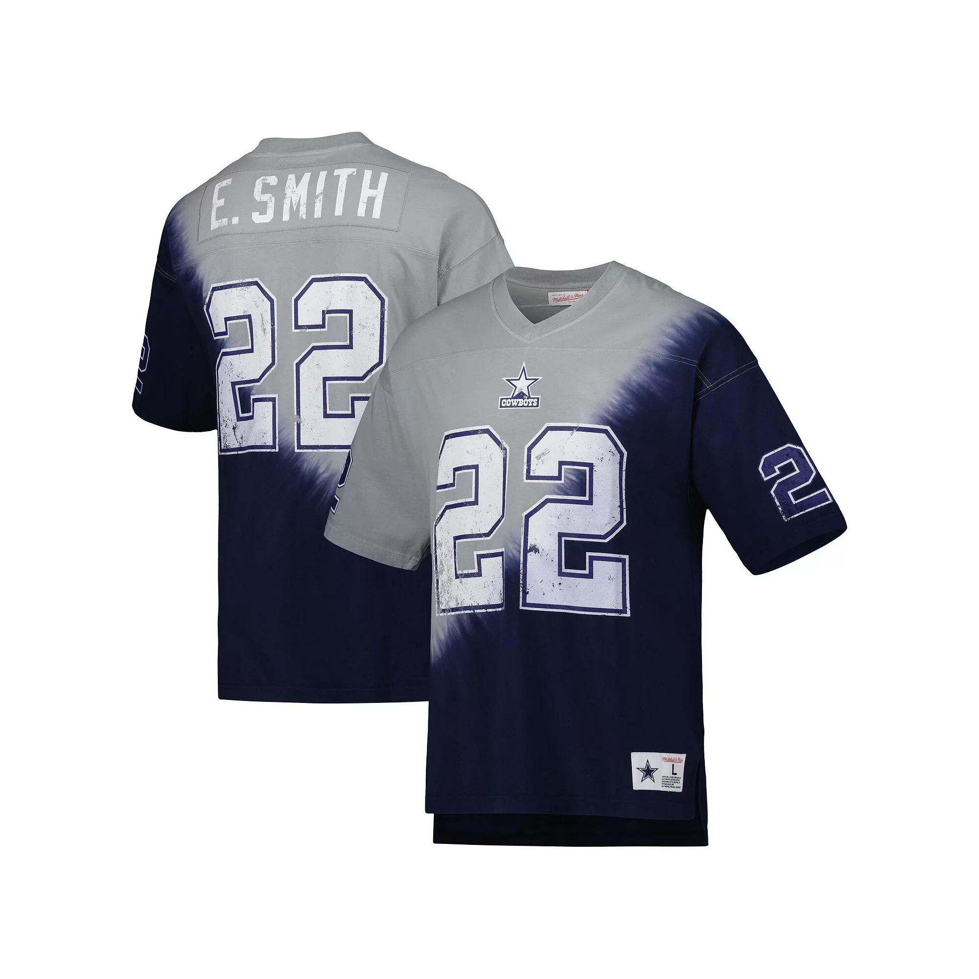 Men's Mitchell & Ness Emmitt Smith Navy/Gray Dallas Cowboys Retired Player Name & Number Diagonal Tie-Dye V-Neck T-Shirt, Size: Small, Blue Product Image