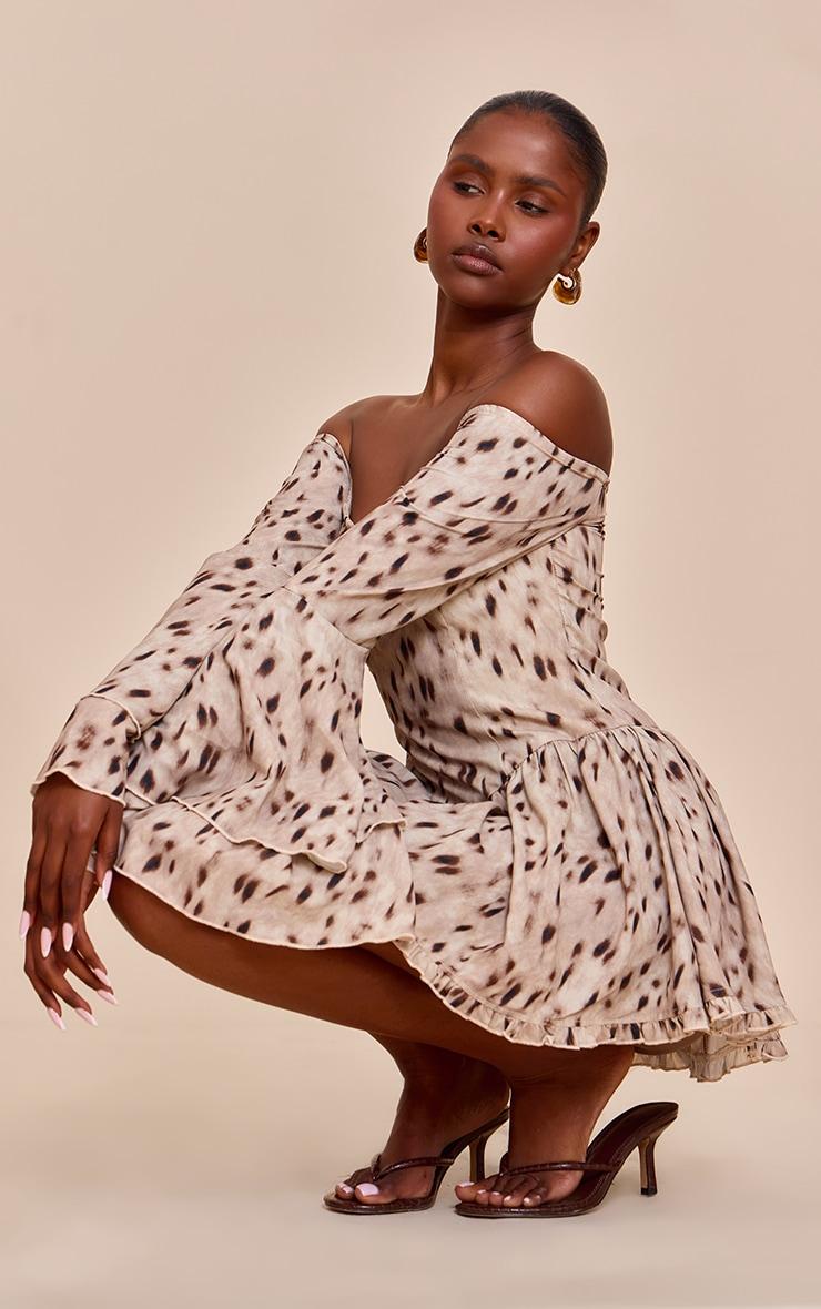 Brown Abstract Print Bardot Flare Sleeve Romper Product Image