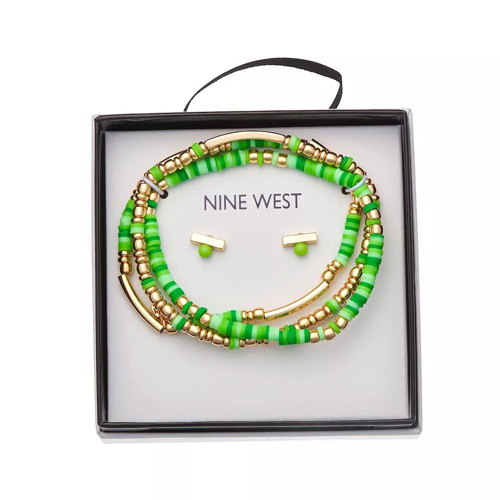 Nine West Gold Tone Green Beaded Bracelet & Stud Earrings Set, Women's Product Image
