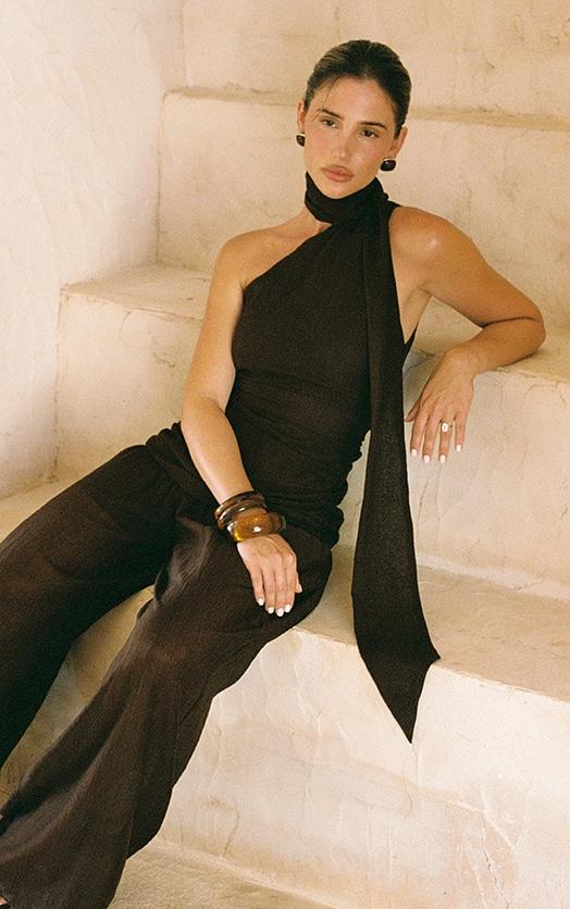 Chocolate Textured One Shoulder Scarf Detail Jumpsuit Product Image