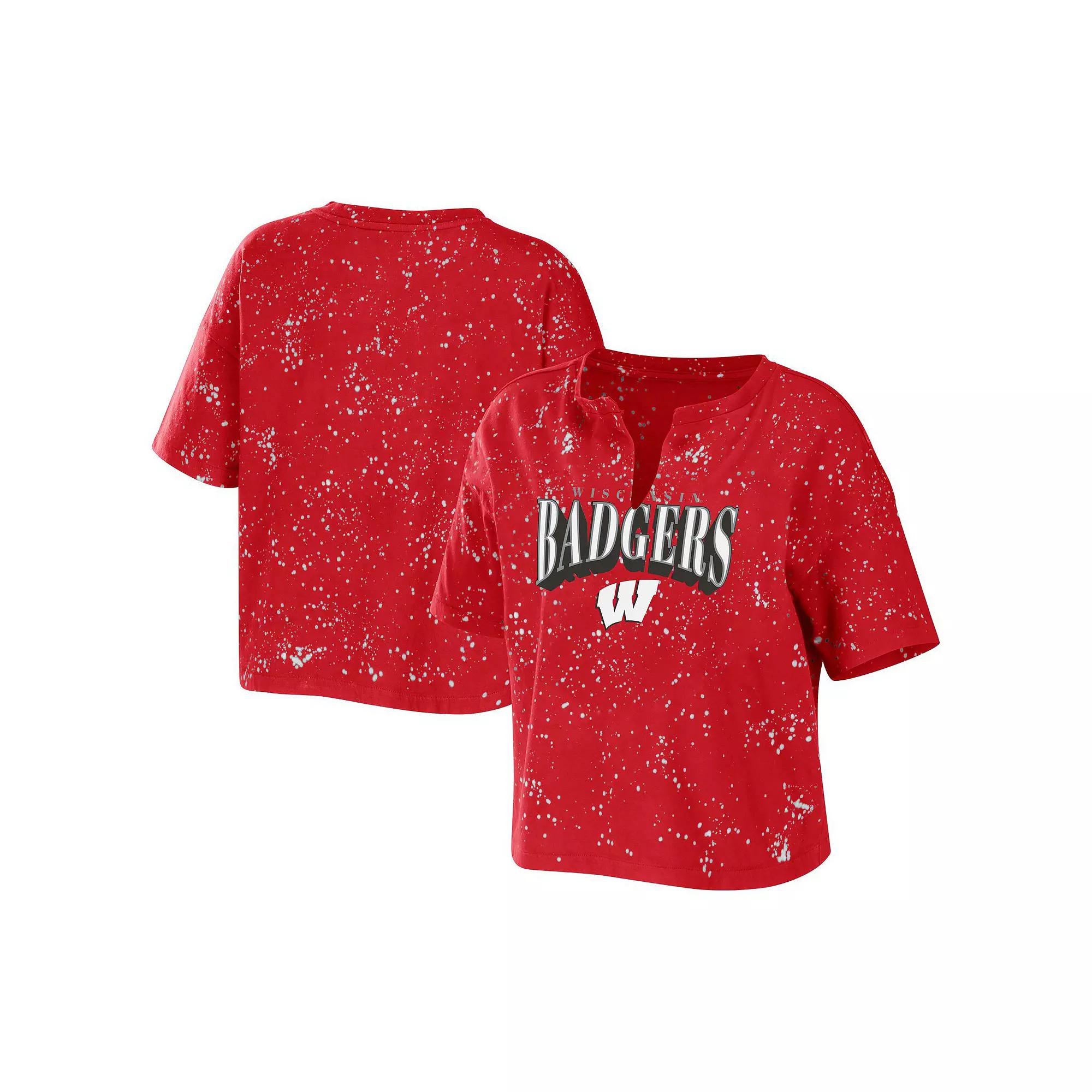 Women's WEAR by Erin Andrews Red Wisconsin Badgers Bleach Wash Splatter Notch Neck T-Shirt,  Product Image