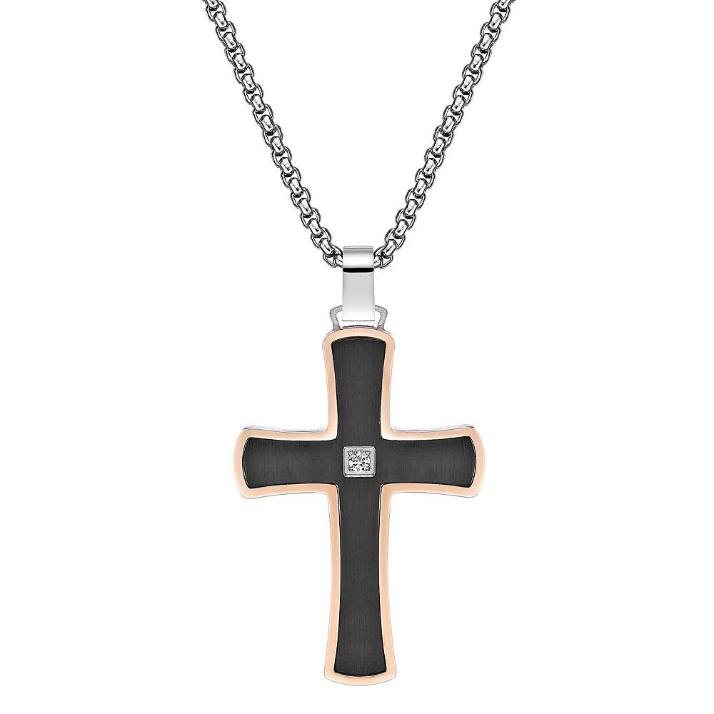 LYNX Men's Two Tone Stainless Steel Cubic Zirconia Cross Pendant Necklace, Size: 24" Product Image
