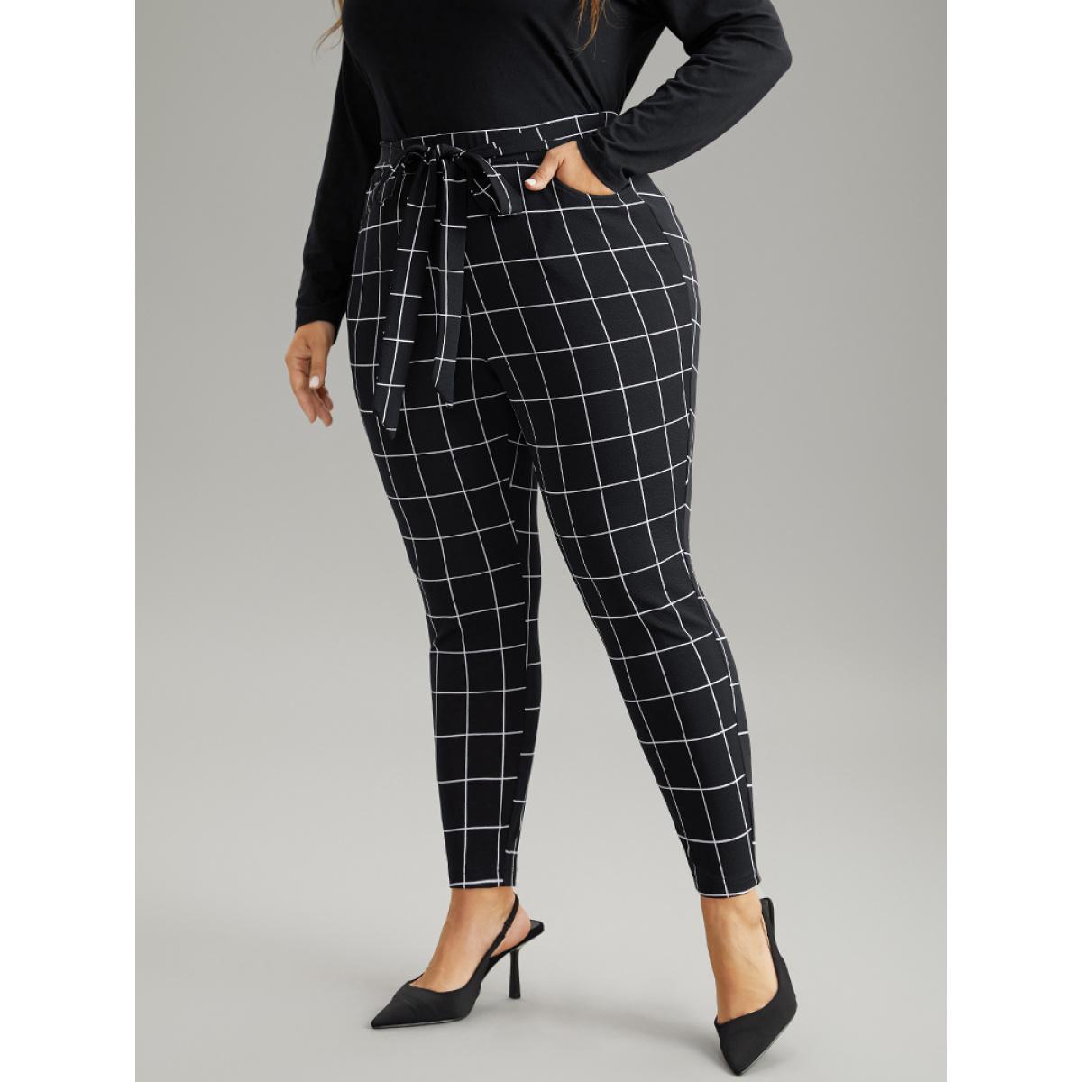 Plus Size Plaid Elastic Waist Ties Bodycon Pants Women Black Elegant Bodycon High Rise Dailywear Pants BloomChic 12/L Product Image