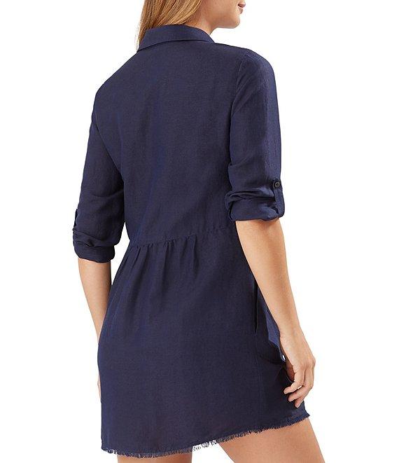 Tommy Bahama St. Lucia Point Collar Short Roll-Tab Sleeve Fray Hem Button Front Boyfriend Swim Cover Up Product Image