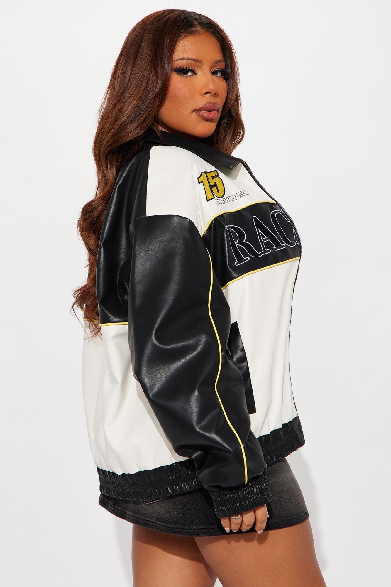 Street Racer Faux Leather Bomber Jacket - Black/combo Female Product Image