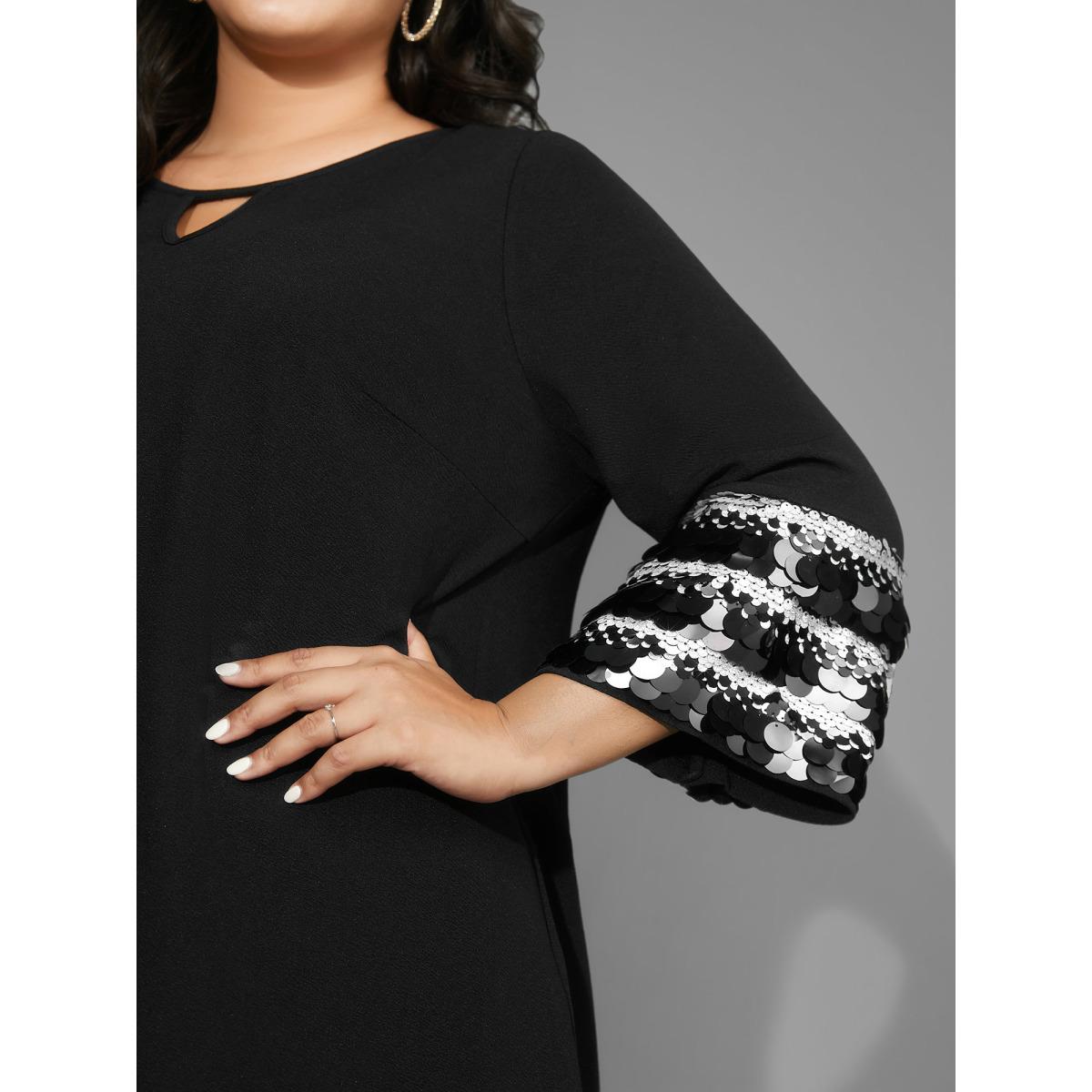 Plus Size Black Sequin Patchwork Keyhole Bell Sleeve Blouse Women Elegant Three Quater Length Sleeve Round Neck Everyday Blouses BloomChic 26/4X Product Image