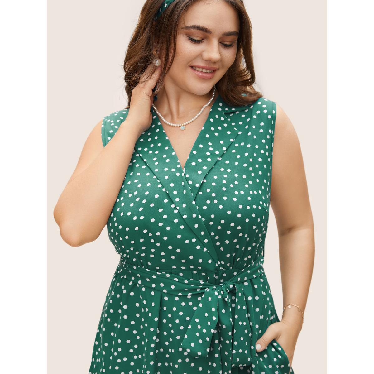 Plus Size Collared Polka Dot Dress Teal Women Elegant Belted Suit Collar Sleeveless Curvy BloomChic 12/L Product Image