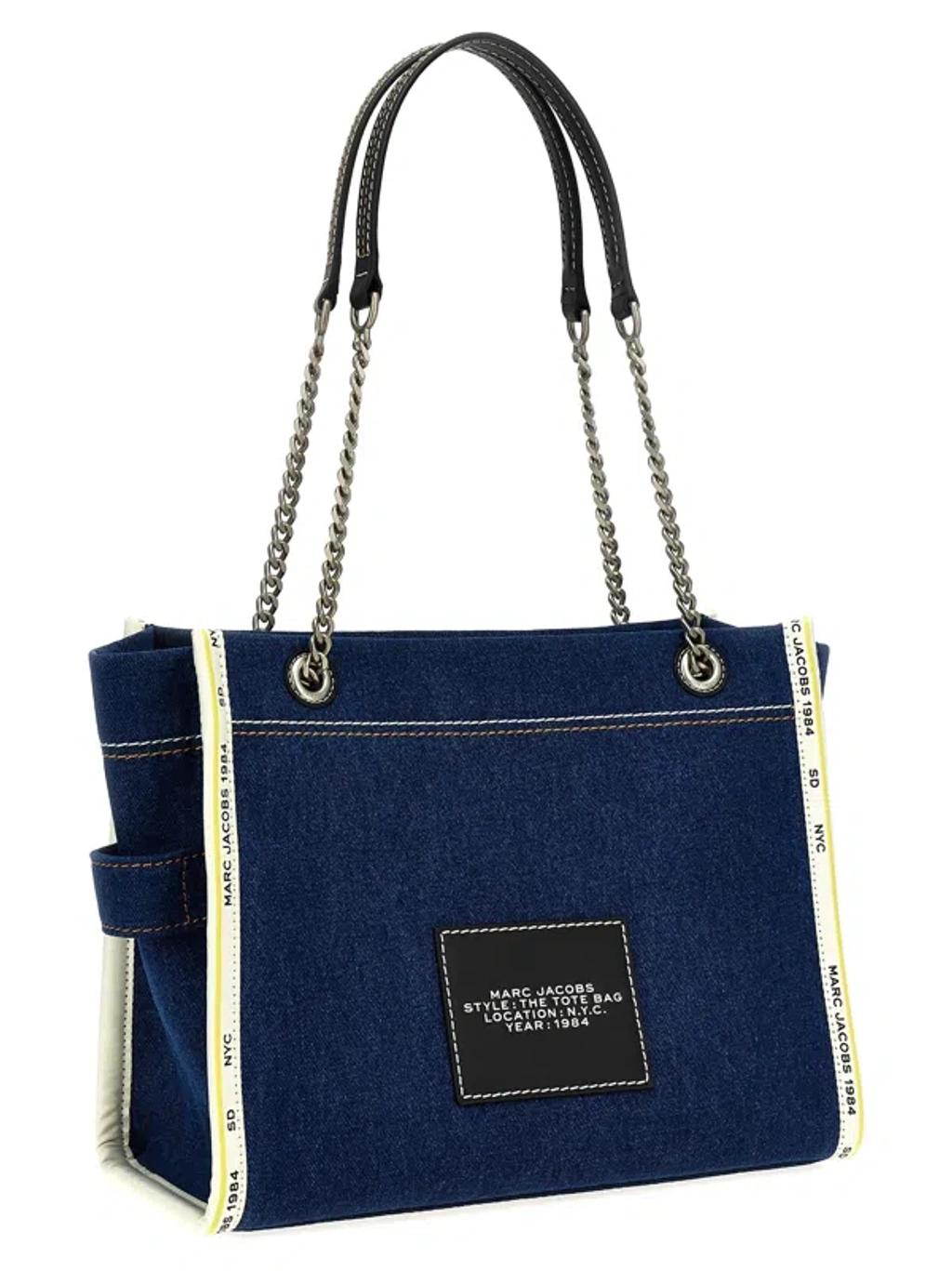 MARC JACOBS The Medium Tote In Blue Denim With Embroidered Logo In Dark Wash Product Image