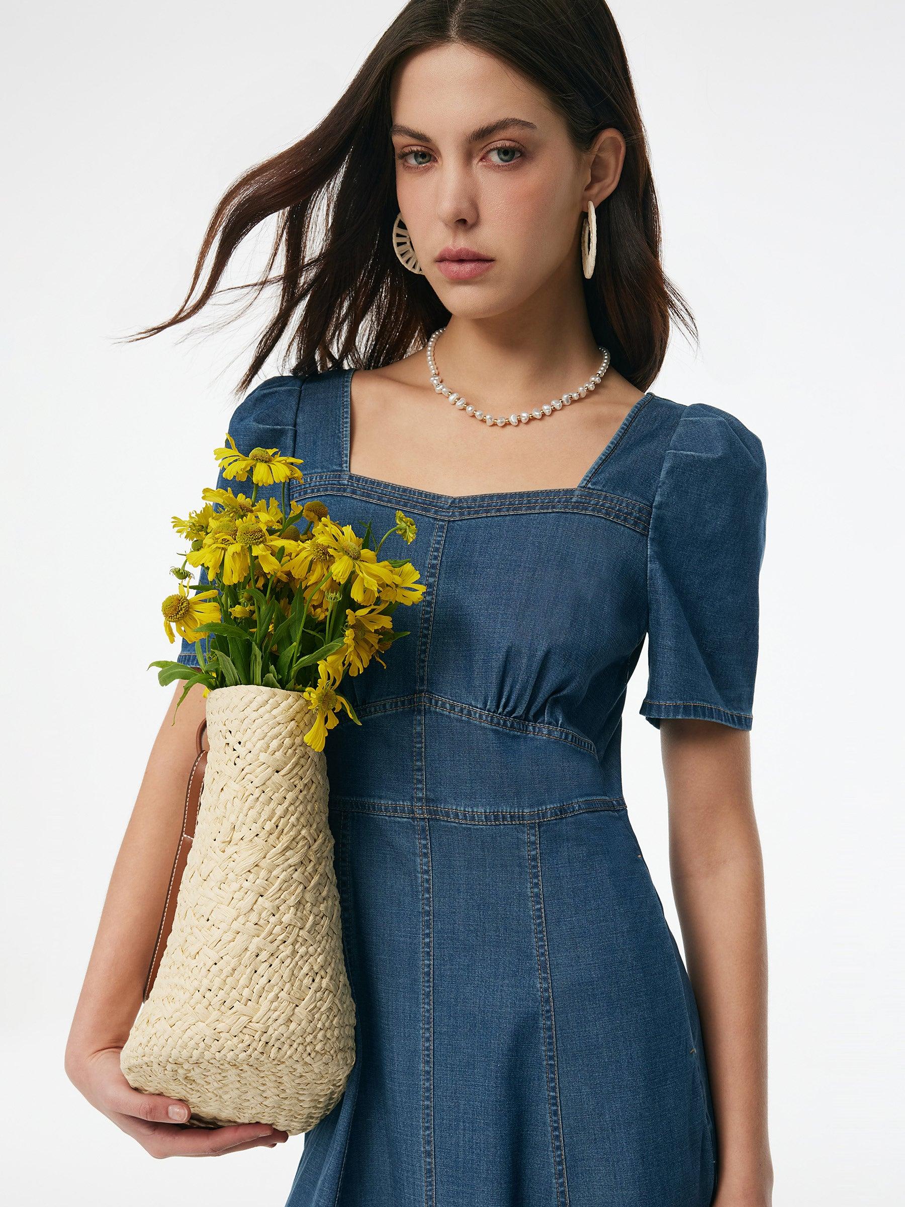 Denim Stretch Women Square Neck Midi Dress Product Image
