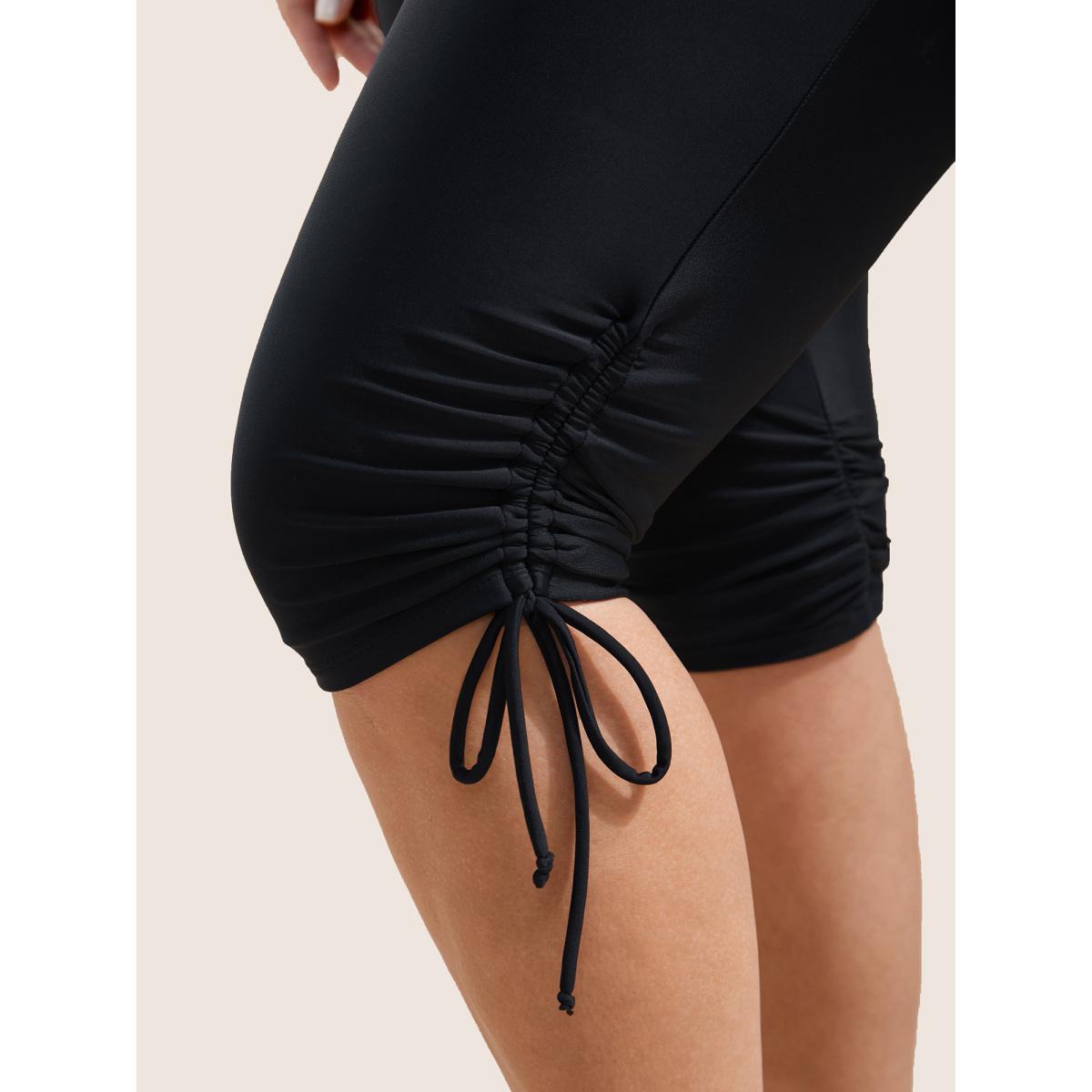 Plus Size Solid High Rise Drawstring Side Swim Bottom Women's Swimwear Black Beach Drawstring High stretch Skinny High Rise Curve Swim Bottoms BloomChic 12/L Product Image