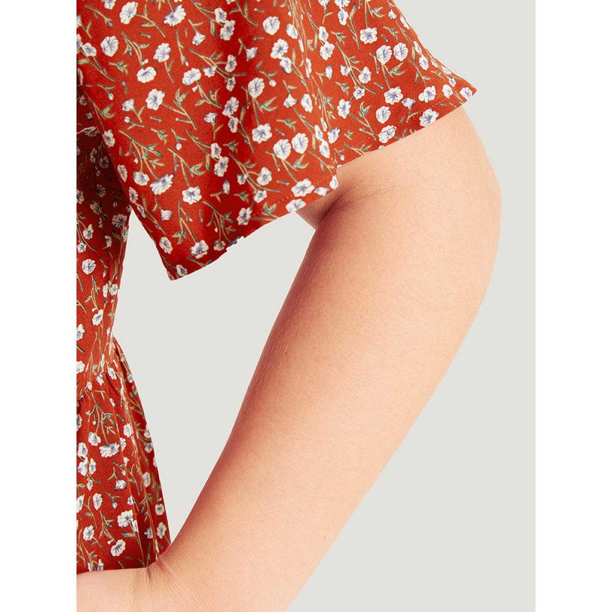 Plus Size Ditsy Floral Pocket Layered Patchwork Crew Neck Dress Russet Women Elegant Printed Round Neck Short sleeve Curvy Midi Dress BloomChic 22-24/3X Product Image