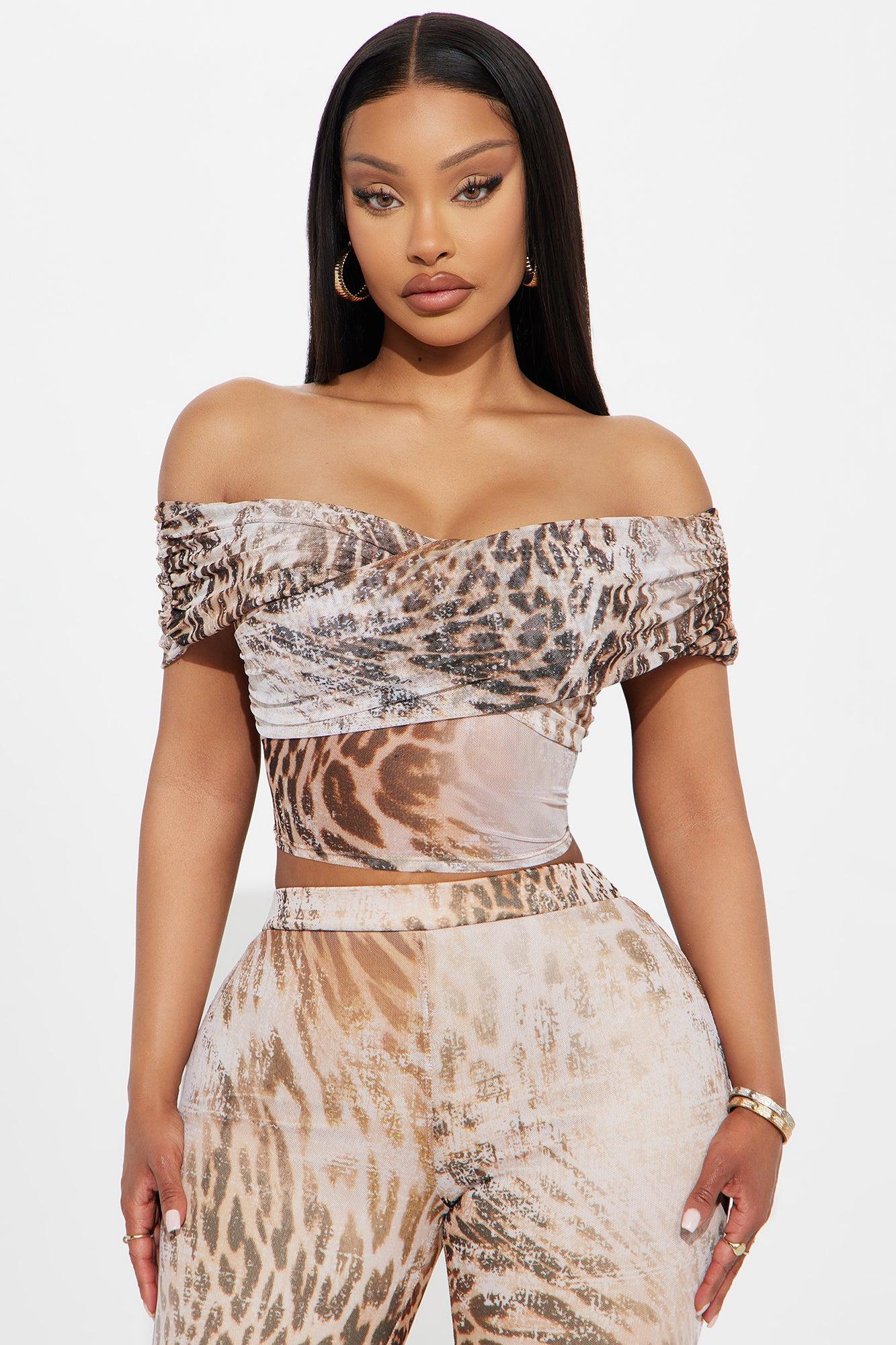 Feline Mesh Leopard Off Shoulder Capri Pant Set - Brown/combo Female Product Image