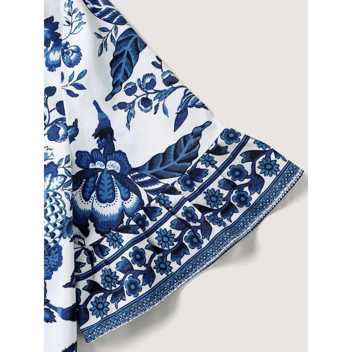 Plus Size Mediumblue Floral Print Neck Tassels Blouse Women Boho Half Sleeve V-neck Vacation Blouses BloomChic 28/5X Product Image