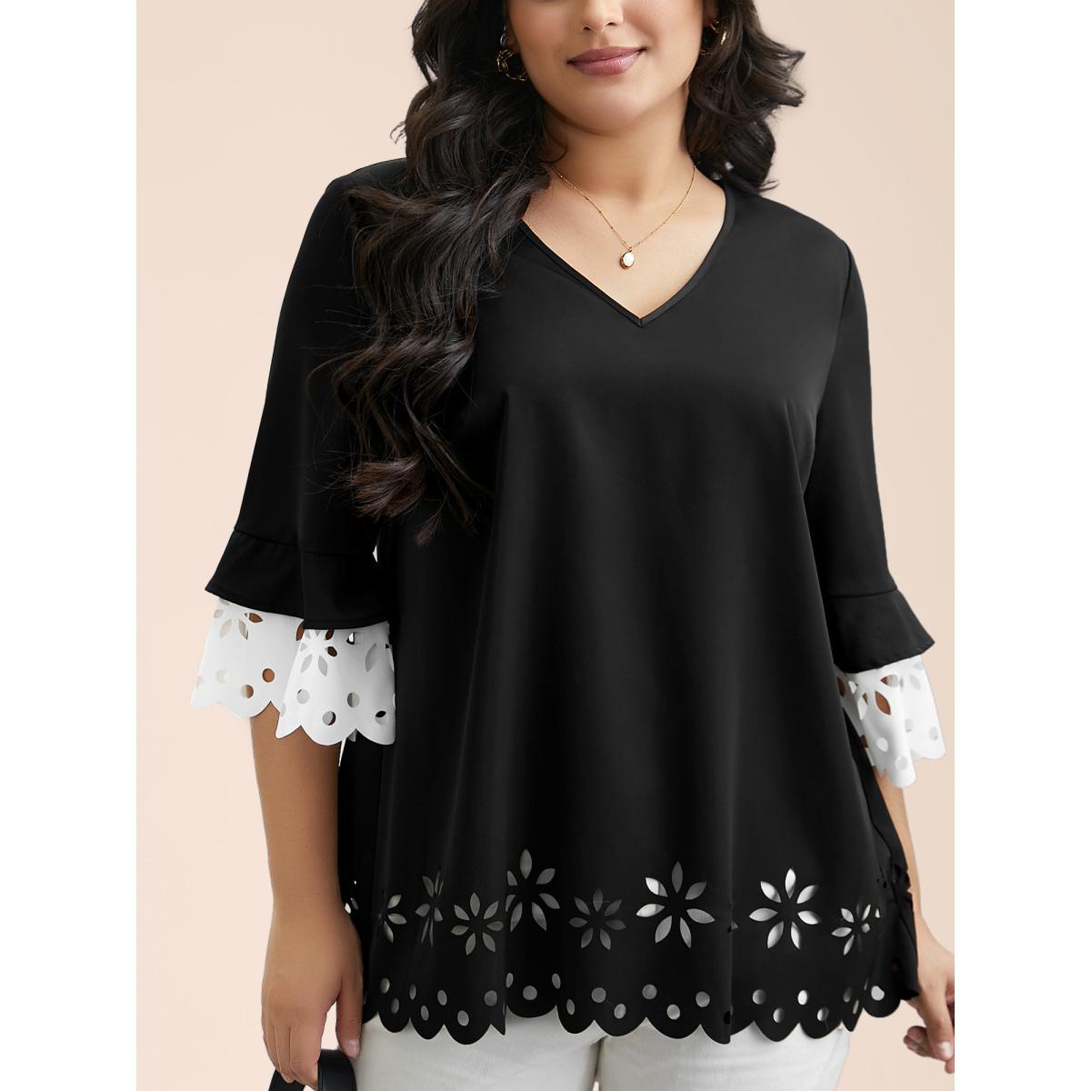 Plus Size Black Laser Cut Color Contrast V-Neck Blouse Women At the Office Elbow-length sleeve V-neck Work Blouses BloomChic 18-20/2X Product Image
