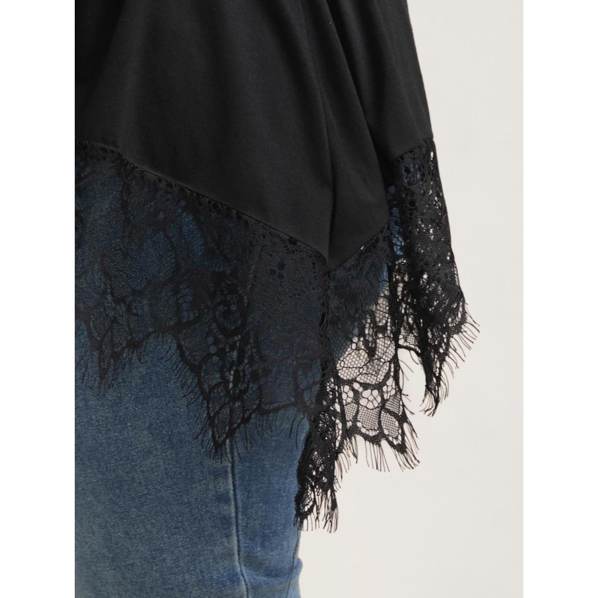 Plus Size Lace Trim Round Neck Casual T-Shirt Black Women Elegant Patchwork Round Neck Loose Everyday T-shirts BloomChic 14-16/1X Product Image